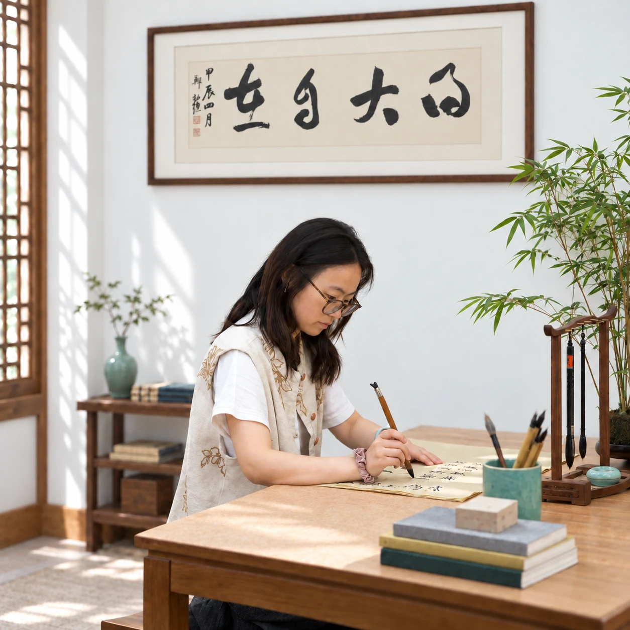 老师在陶书院专注练习成人书画