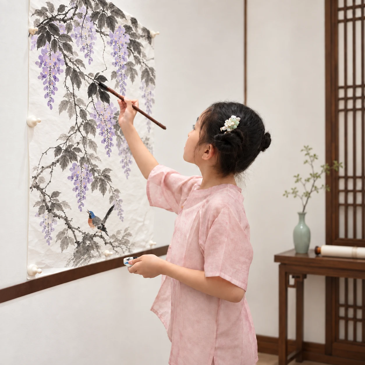 学员在陶书院创作紫藤花鸟国画