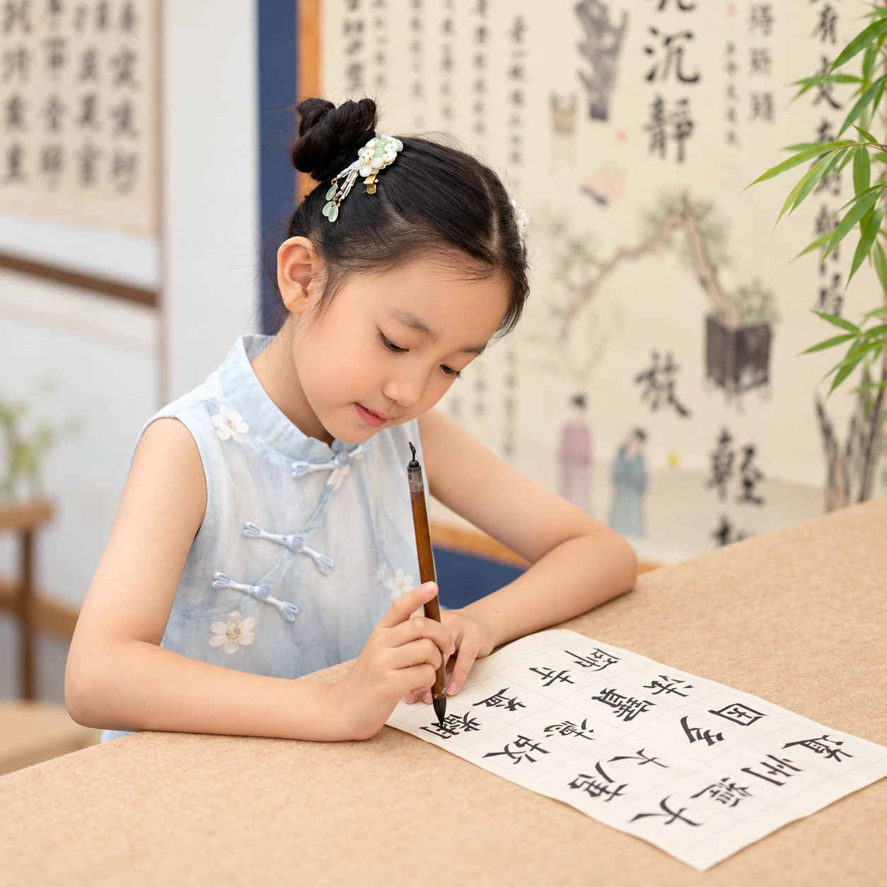 学员在陶书院执毛笔练习书法