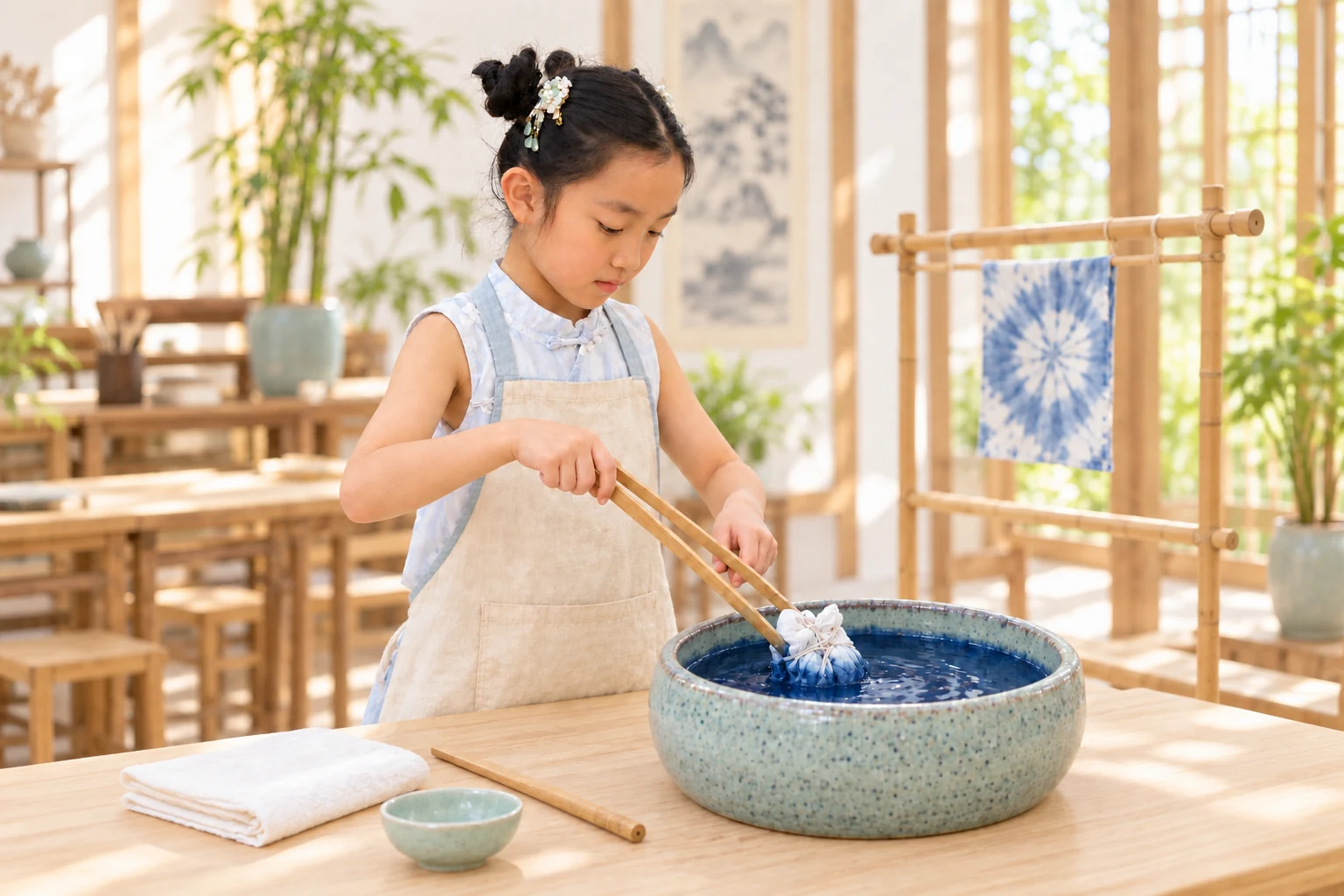 学员在陶书院体验蓝染艺术主题创作